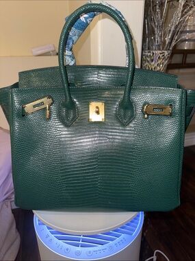 Structured Green Embossed Satchel with Gold Hardware comes with twilly
